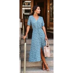 Böhme Floral Print Midi‎ Dress Blue Button Front Slit Cottagecore Women's Small